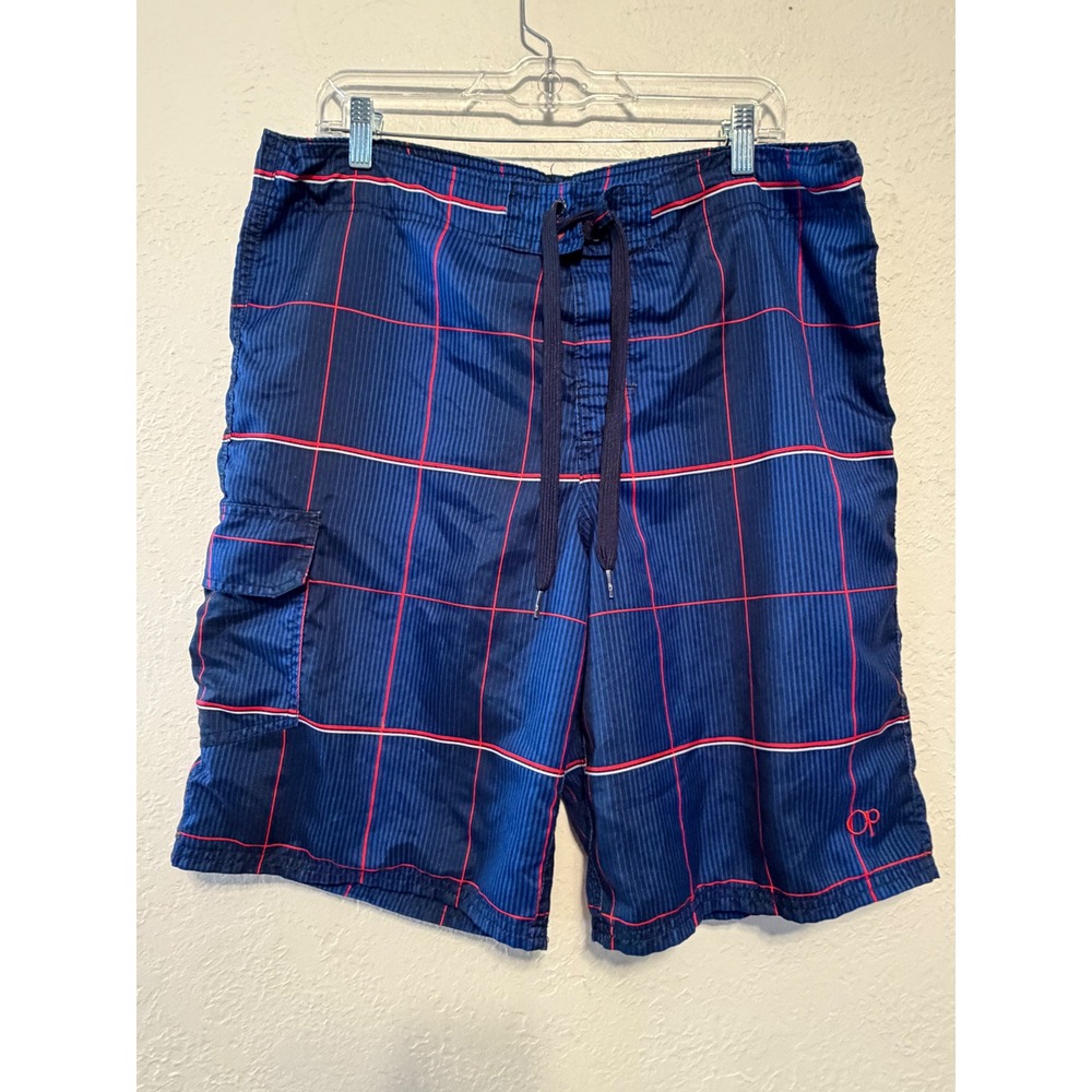 OP Ocean Pacific Mens Board Shorts Navy Blue Red Plaid Swim Trunks Medium 32-34